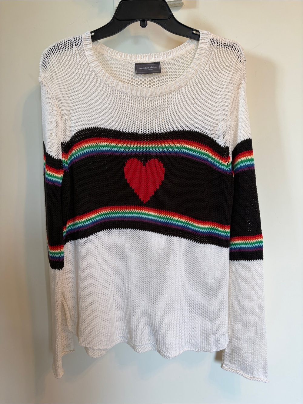 Wooden Ships Heart Rainbow Stripe Sweater M/L White Black Cotton Blend Knit